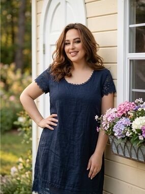 martina innocenti linen dress NWT Martina Innocenti Women's Plus Linen Embroidered Sleeve Midi Dress 1X, 2X